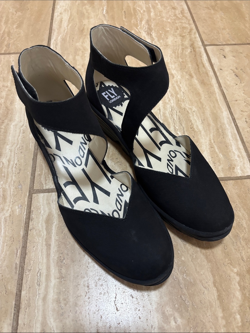 Fly London Black Suede Cutout Ankle Wedge Heels